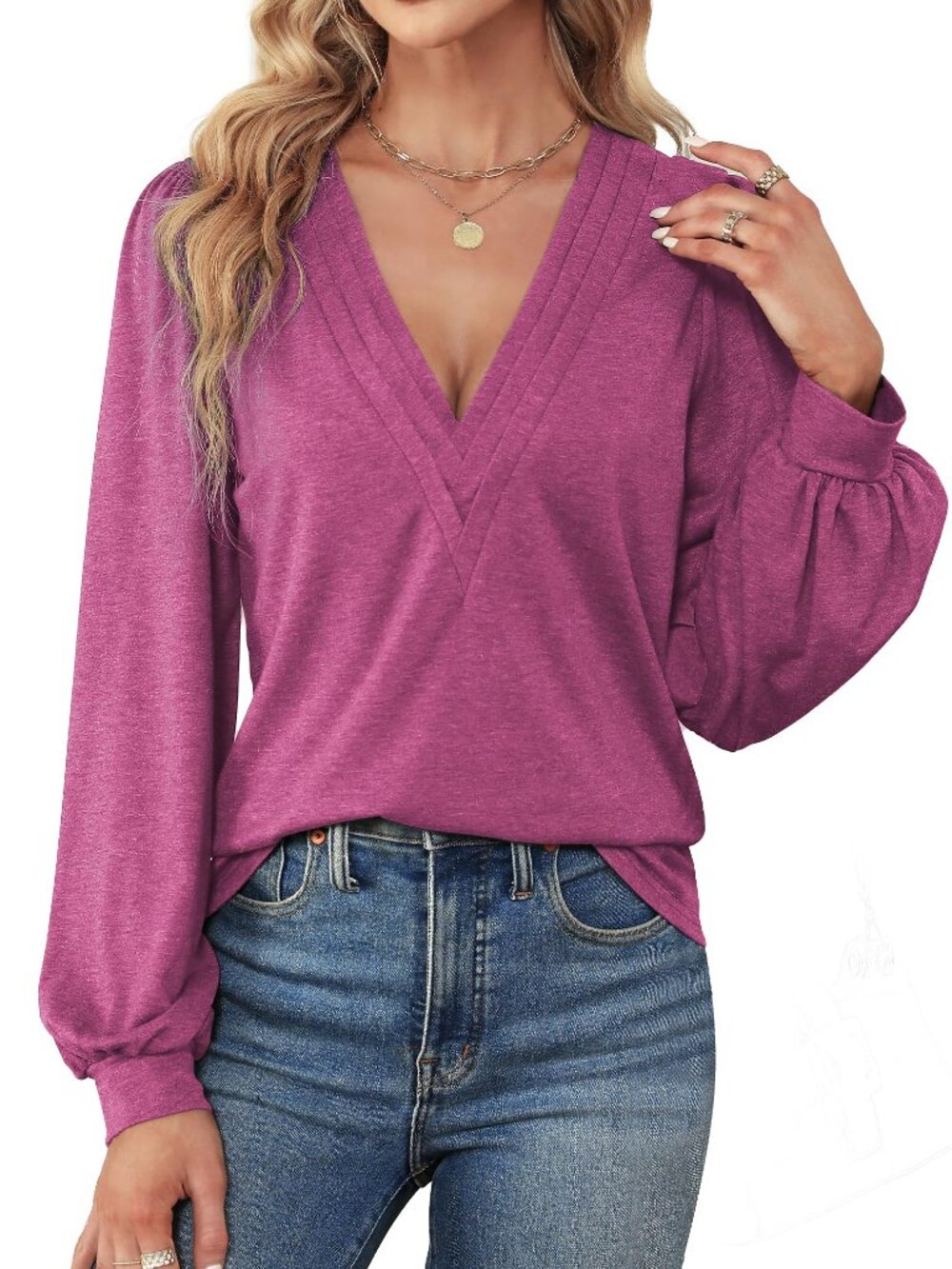 Pink V-Neck Long Sleeve Top